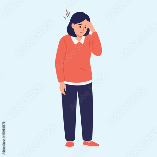 Tiredness of Woman: A woman struggles with tiredness, visibly expressing her exhaustion, with her hand pressed against her forehead as she stands.