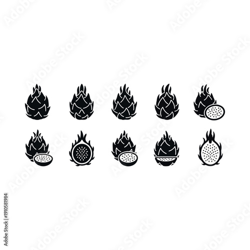 Collection of artichoke icons with flames and fruit cutaways in black.