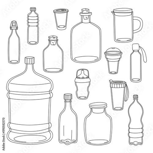 A set of outline icons of empty closed glass and plastic bottles. A flat doodle vector collection of containers and jugs for drinks for menu design, store catalog, bar card, or home projects.