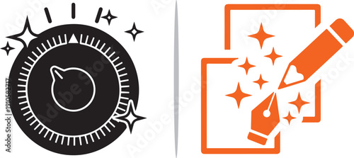 A black dial knob with sparkling highlights alongside an orange illustration of a pencil and fountain pen tip refining a document. Represents precision tuning and professional content editing.