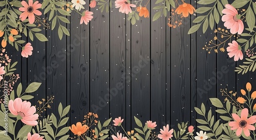 Floral arrangement frames a dark wood plank background, perfect for a design