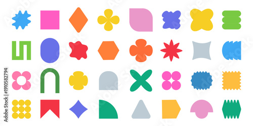 Abstract shape stickers with organic forms and retro geometric elements. Trendy Y2K graphic design shapes for creative branding and modern packaging projects.