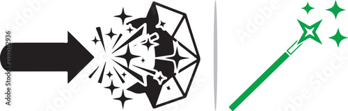 A dual-panel vector featuring a black arrow striking a diamond to create a brilliant explosion of stars, paired with a green magic wand emitting sparkles, symbolizing value and transformation.