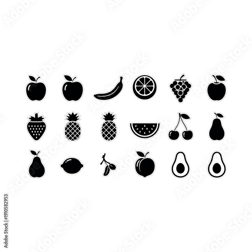 Various fruit icons arranged in rows on white background for illustration