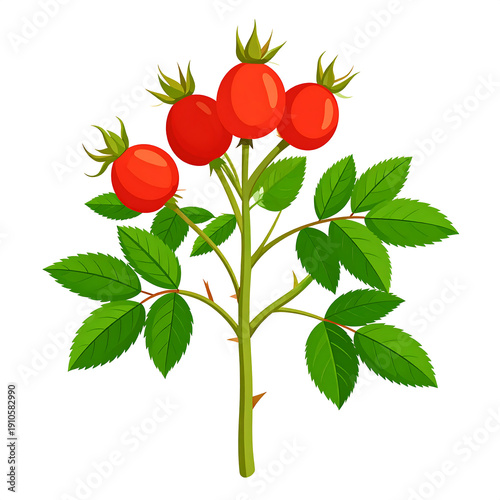 Wallpaper Mural Rosehip branch, with red rose hips, spiky stem and green leaves on a white background Torontodigital.ca