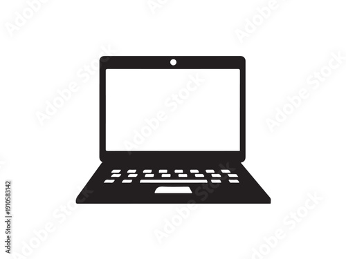 A sleek black laptop with a white screen on a plain background