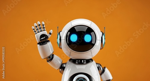 Friendly White Robot Waving Hand with Blue Glowing Eyes android artificial intelligence