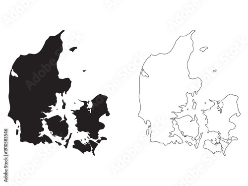 Denmark map silhouette and outline set