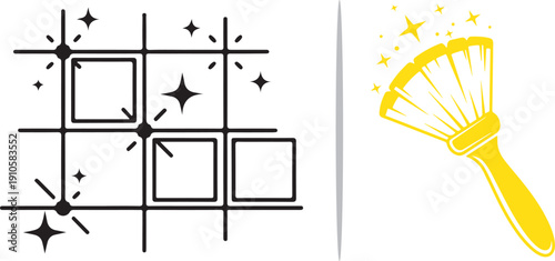 A black grid with sparkling square highlights paired with a golden yellow brush sweeping magical stars. This set symbolizes deep cleaning, digital tiling, and creative polishing.