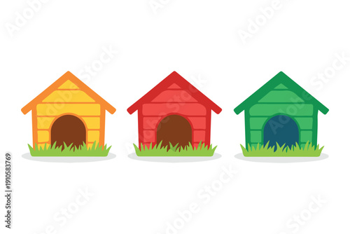 Cute Colorful Pet Dog House Set on Green Grass Flat Vector Illustration