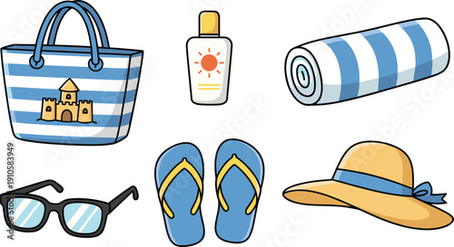 Summer Beach Vacation Accessories Vector Illustration Set with Striped Tote Bag Sunscreen Towel Flip Flops and Straw Hat