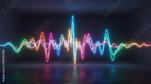 Colorful Sound Waveforms in Dark Room.