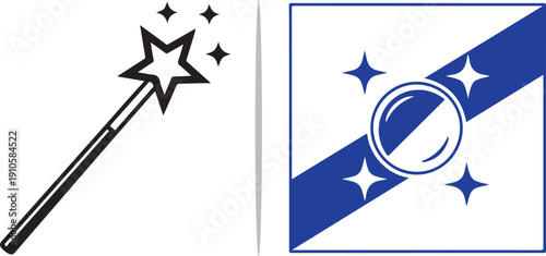 A dual-panel vector featuring a black magic wand with stars and a blue split-frame icon with a crystal ball and sparkles, representing mystical transformation and magical insight.