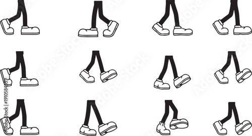 Simplified walk cycle frames featuring thick black cartoon legs and large round shoes for mascot design and mascot animation projects emphasizing clear silhouettes and recognizable character shapes