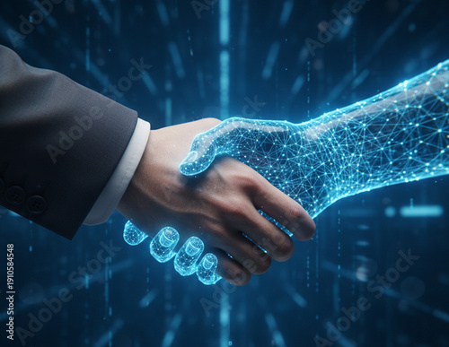 a symbolic handshake between a human and artificial intelligence, representing collaboration, innovation, and the future of technology-driven partnerships. 
