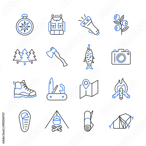 Сamping line color icon set. Tourist vector symbols include compass, backpack, berry, forest, fish, camera, pocket knife, tent, bonfire.