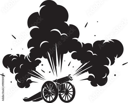 Cannon firing gun powder smoke explosion silhouette vector illustration line art battle icon