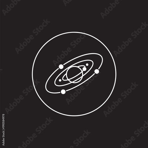 Simple white line drawing of a solar system in a circle