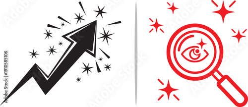 A black upward-pointing zig-zag arrow with sparkling accents alongside a red magnifying glass containing a stylized eye icon. Represents market trends, growth tracking, and visual analysis.