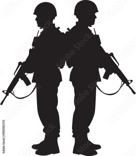 Two modern soldiers standing back to back ready for battle holding assault rifles