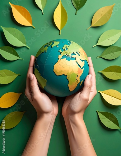 Wallpaper Mural Hands hold a globe amidst green/yellow leaves. Conservation, earth concept Torontodigital.ca