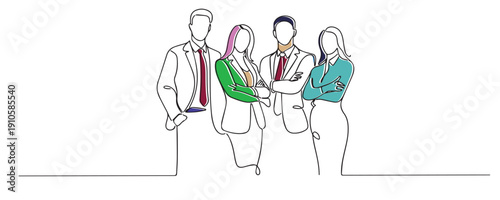 Line art drawing with color of a group of business professionals standing confidently. One line drawing for teamwork, corporate collaboration and leadership concept.