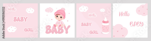 Pink vector greeting cards with clouds and hearts in isolated on white background. about the birth of a child or gift set.