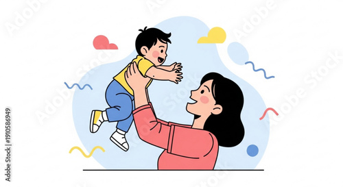 Mother holding her happy baby up in the air illustration of family love and childhood joy flat design concept for parenting and lifestyle