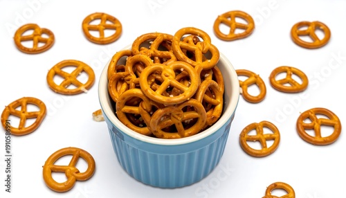 Wallpaper Mural Mini pretzels fill a blue ramekin and surround it on white Torontodigital.ca