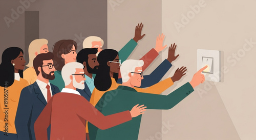 Diverse group of people reaching for a light switch concept of decision making and collective action illustration for business and social themes
