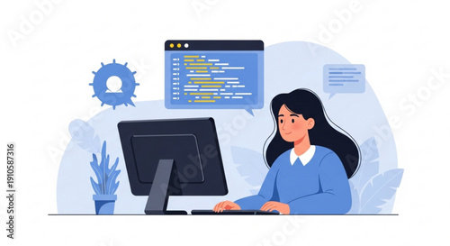Woman programmer coding on computer flat vector illustration for web development and software engineering concept of digital technology and IT industry