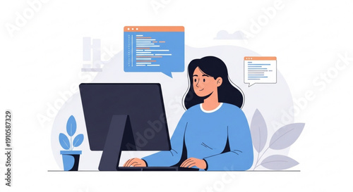 Woman programmer coding on computer flat vector illustration for web development and software engineering concepts with code windows and plants