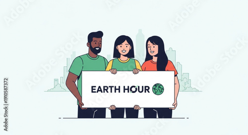 Diverse group of people holding Earth Hour sign promoting environmental awareness and sustainability flat vector illustration for campaigns