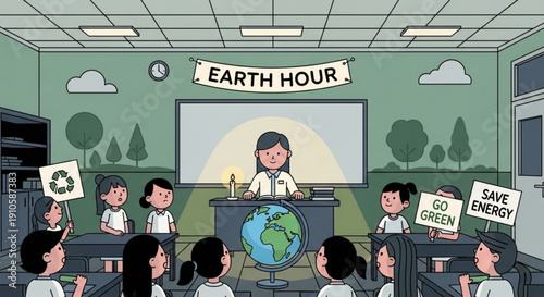Teacher leading Earth Hour lesson in classroom students holding environmental awareness signs concept of conservation and sustainability