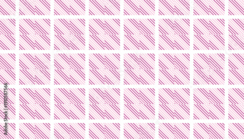 Seamless geometric pattern featuring square modules with diagonal magenta stripes on a white background. Abstract vector illustration with a clean, linear repeating grid