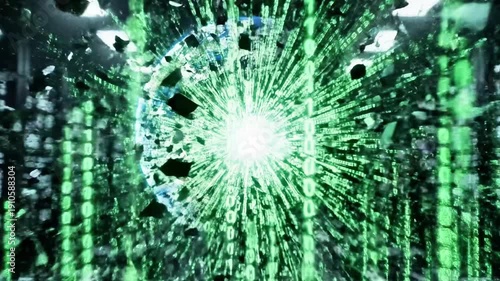 A futuristic representation of Earth surrounded by falling code in a data center