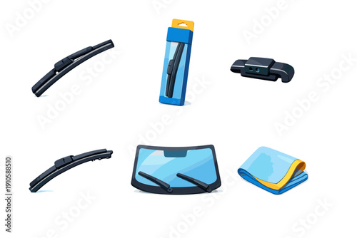 Car windshield wiper blades, car glass, and cleaning cloth isolated on white background