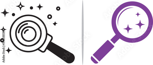 Two stylized magnifying glass icons with sparkles. One is a black-and-white line art version; the other is a solid purple silhouette. Perfect for search, discovery, and clarity concepts.
