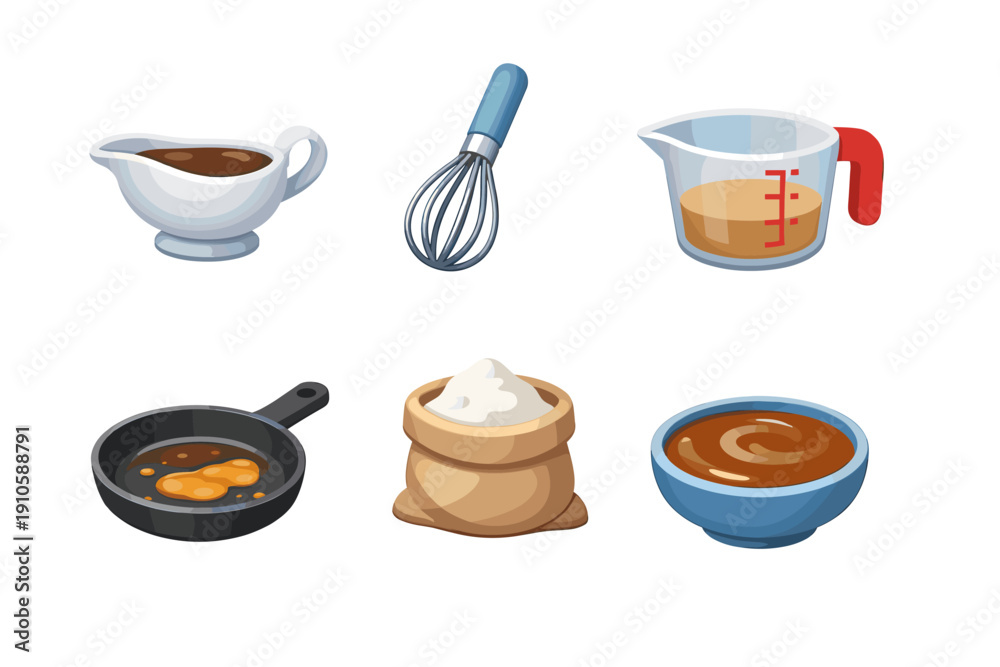 Obraz premium Collection of cartoon cooking ingredients and utensils for making sauces and gravies