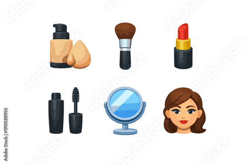 Collection of cosmetic products and beauty tools for makeup application and personal care