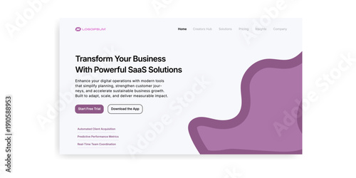 Digital transformation webpage: A modern and visually appealing webpage design showcases a call to action for transforming business with Saas solutions.