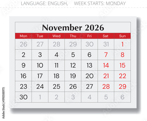 November 2026 calendar page. English monthly vector Monday start
