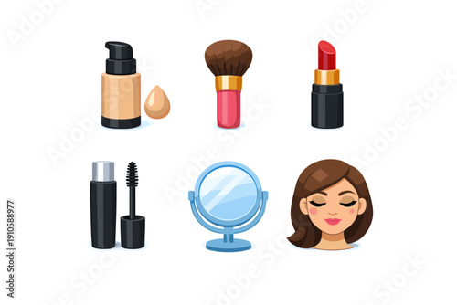 Collection of cosmetic products and beauty tools for makeup application and personal care