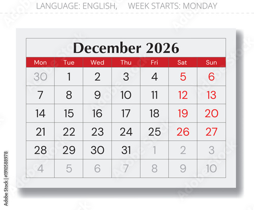 December 2026 calendar page. English monthly vector Monday start