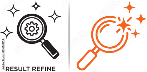 A dual-panel vector titled "RESULT REFINE" featuring a black magnifying glass focusing on a gear and an orange magnifying glass highlighting stars, symbolizing process optimization and refinement.