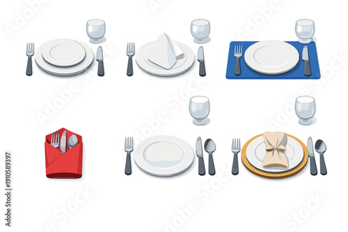 Various table settings with plates, cutlery, glasses, and napkins displayed