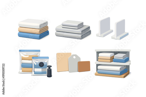 Organized home textiles: folded linens, vacuum bags, and shelf storage solutions