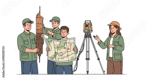Surveyors and Geologists Analyze Soil Core Sample and Topographic Map