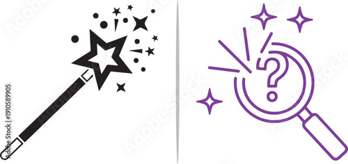 A split-frame vector featuring a black magic wand with stars on the left and a purple magnifying glass with a question mark and sparkles on the right, symbolizing discovery and transformation.