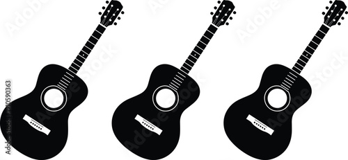 Black acoustic guitar silhouette icons collection isolated on white background for music branding, logo templates, concert posters, and creative design projects